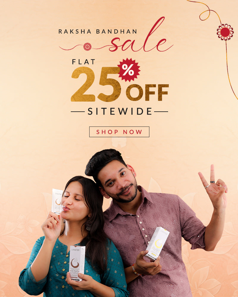 Promotional poster for Raksha Bandhan sale with a boy and girl holding products and text overlay.