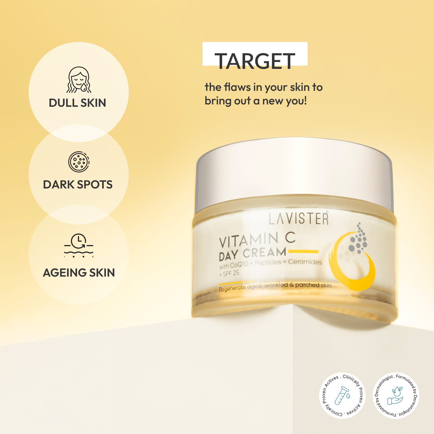 Order our premium Vitamin C Day Cream & reduce dark spots and dull skin.